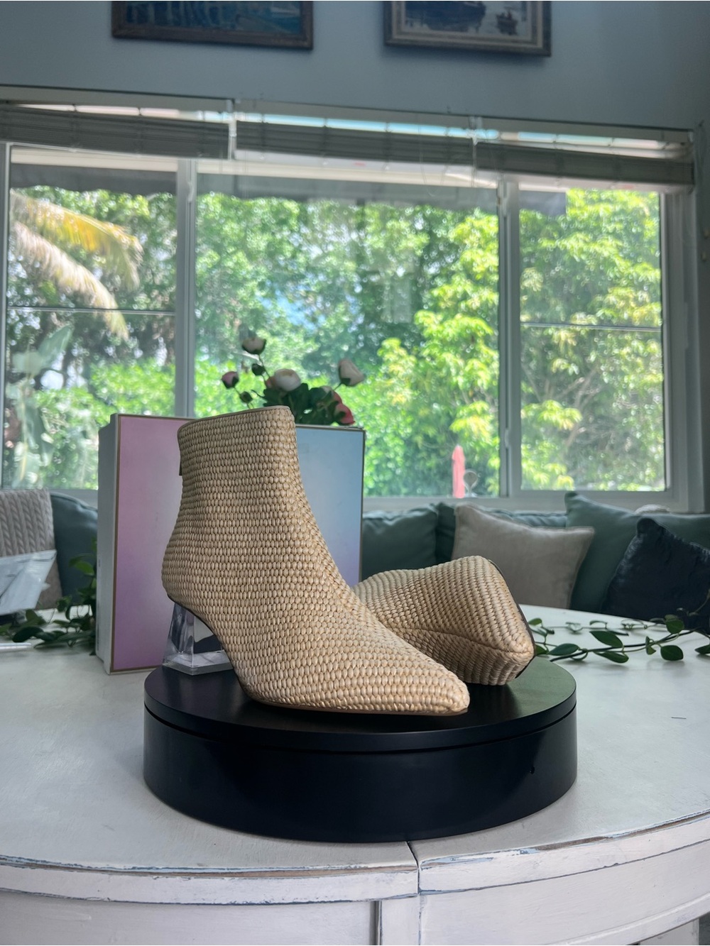 Cecelia New York Woven Beige Ankle Boots with Lucite Clear Block Heel - Picture 4 of 16